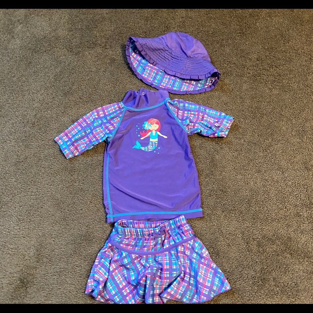 Swimsuit Size 2. Rash guard, skirt and hat mermaid